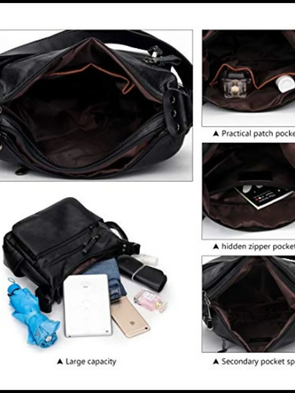 PU Leather Hobo Crossbody Shoulder Bag Multi Pocket Purse Tote